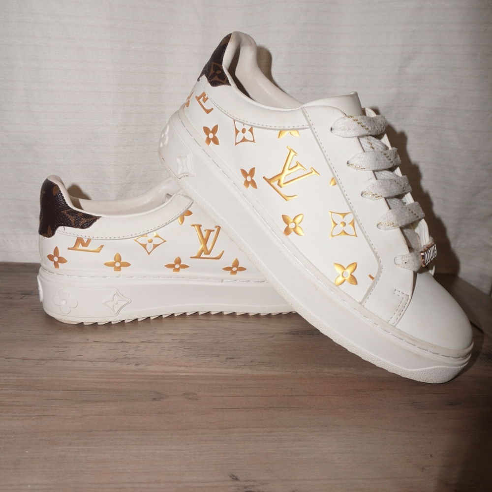 Louis Vuitton White and Gold Sneakers with Monogram Design